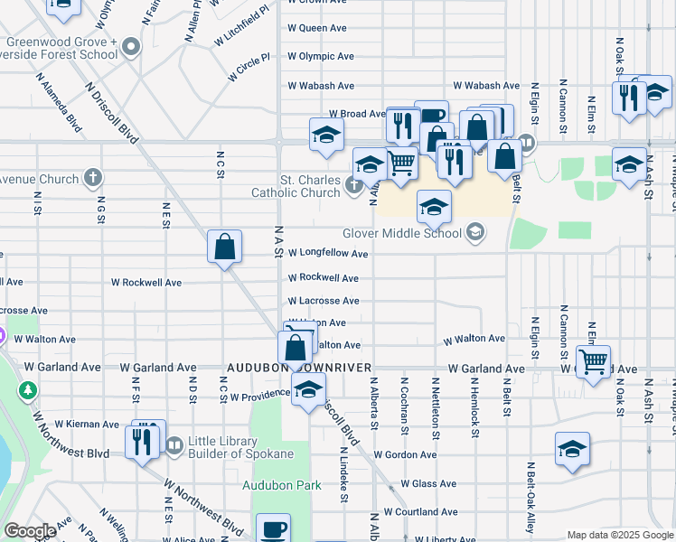 map of restaurants, bars, coffee shops, grocery stores, and more near 2704 West Rockwell Avenue in Spokane