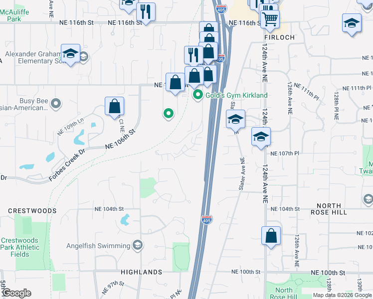 map of restaurants, bars, coffee shops, grocery stores, and more near 120th Lane Northeast in Kirkland