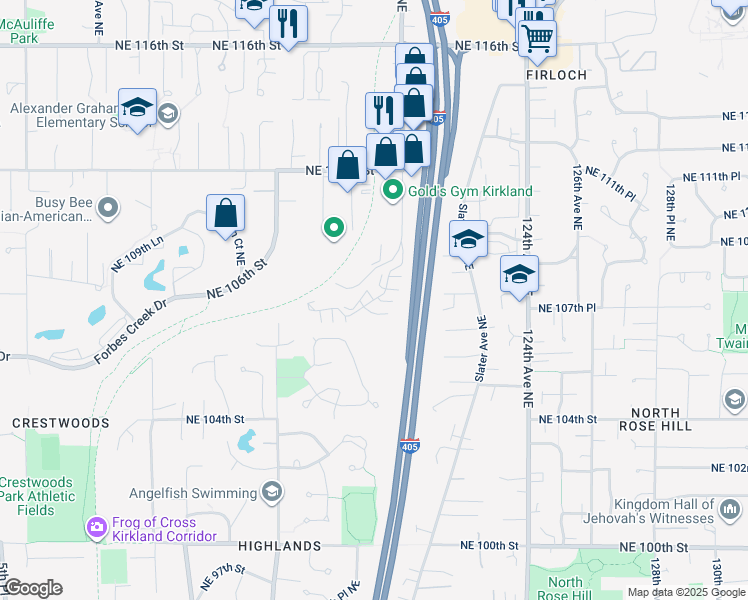map of restaurants, bars, coffee shops, grocery stores, and more near 120th Lane Northeast in Kirkland