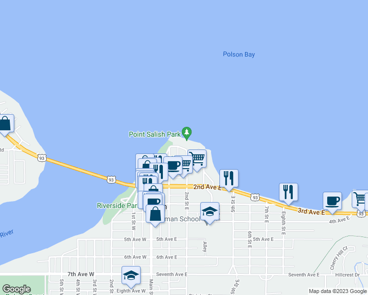 map of restaurants, bars, coffee shops, grocery stores, and more near 7 Kootenai Avenue in Polson