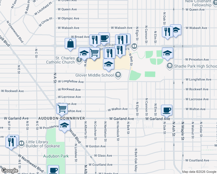 map of restaurants, bars, coffee shops, grocery stores, and more near 2319 West Longfellow Avenue in Spokane