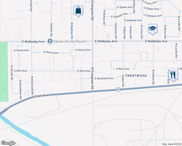 map of restaurants, bars, coffee shops, grocery stores, and more near 4405 North Evergreen Road in Spokane Valley