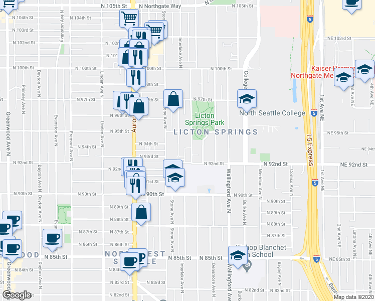 map of restaurants, bars, coffee shops, grocery stores, and more near 9231 Ashworth Avenue North in Seattle