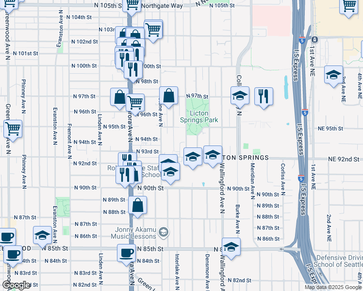 map of restaurants, bars, coffee shops, grocery stores, and more near 9231 Ashworth Avenue North in Seattle