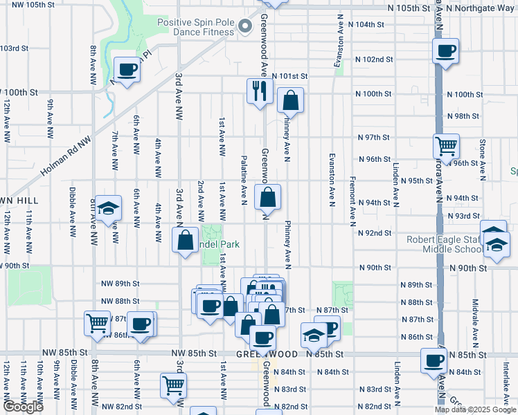 map of restaurants, bars, coffee shops, grocery stores, and more near 9232 Palatine Avenue North in Seattle