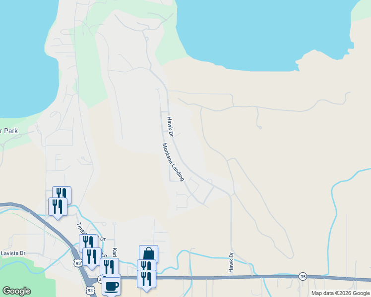 map of restaurants, bars, coffee shops, grocery stores, and more near 596 Hawk Drive in Polson