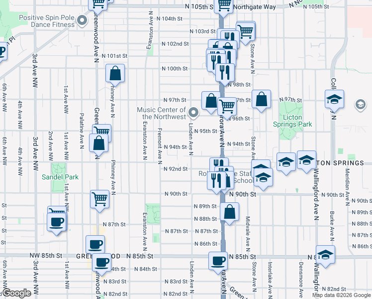 map of restaurants, bars, coffee shops, grocery stores, and more near 755 North 94th Street in Seattle