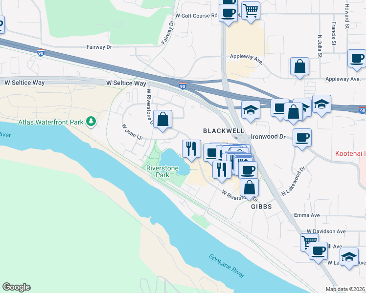map of restaurants, bars, coffee shops, grocery stores, and more near 1940 West Riverstone Drive in Coeur d'Alene
