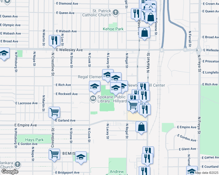 map of restaurants, bars, coffee shops, grocery stores, and more near 2704 East Rich Avenue in Spokane