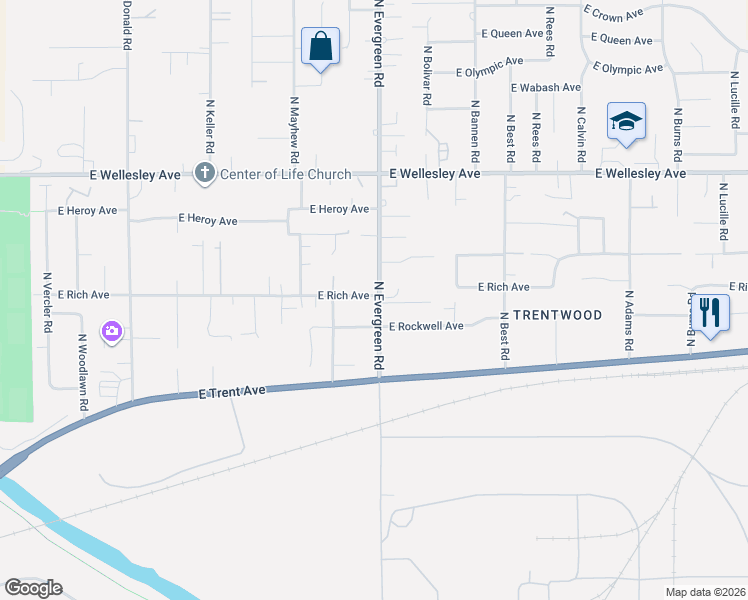 map of restaurants, bars, coffee shops, grocery stores, and more near 4405 North Evergreen Road in Spokane Valley