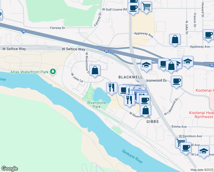 map of restaurants, bars, coffee shops, grocery stores, and more near 1940 West Riverstone Drive in Coeur d'Alene