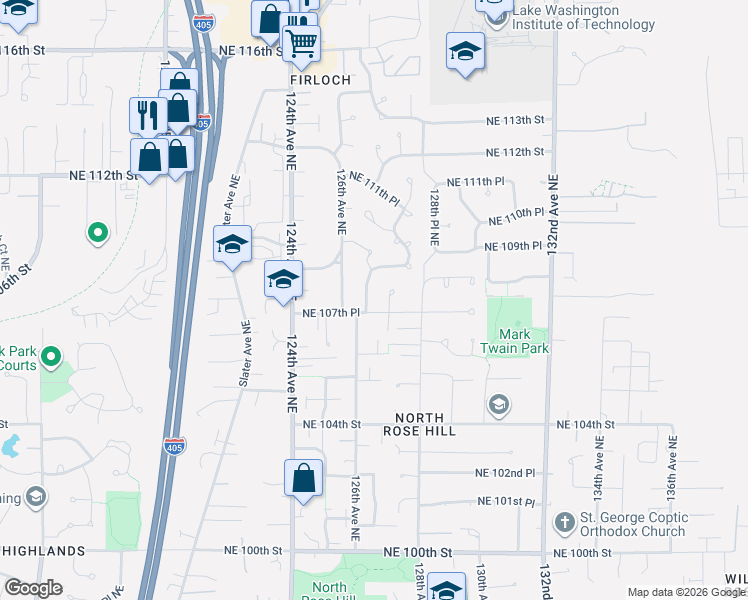 map of restaurants, bars, coffee shops, grocery stores, and more near 10715 127th Avenue Northeast in Kirkland