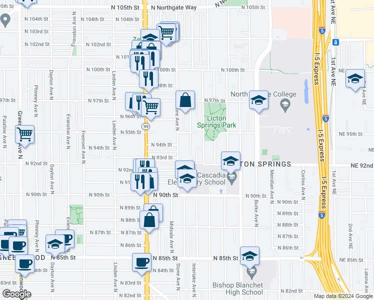 map of restaurants, bars, coffee shops, grocery stores, and more near 9322 Stone Avenue North in Seattle