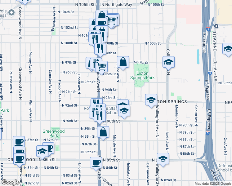 map of restaurants, bars, coffee shops, grocery stores, and more near 9322 Stone Avenue North in Seattle