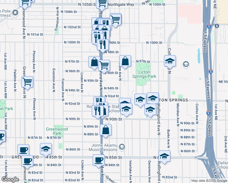 map of restaurants, bars, coffee shops, grocery stores, and more near 1137 North 94th Street in Seattle