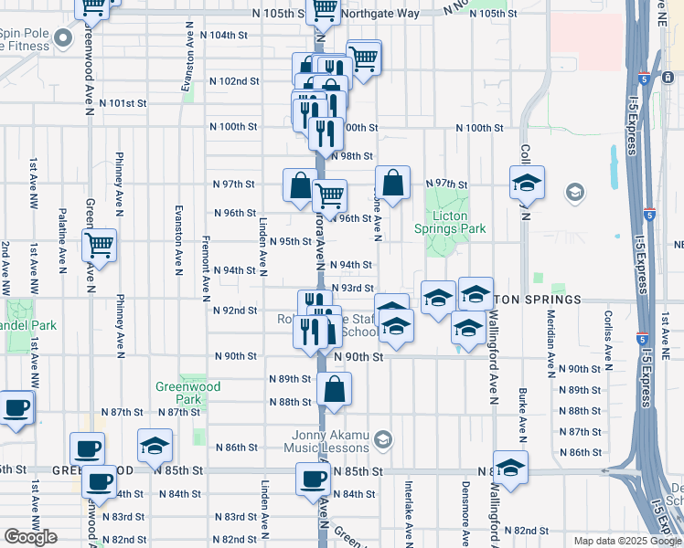 map of restaurants, bars, coffee shops, grocery stores, and more near 1137 North 94th Street in Seattle