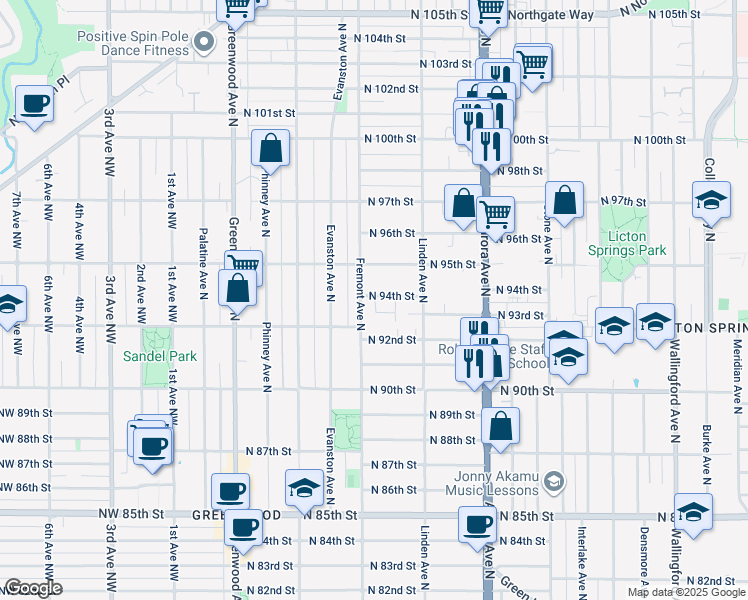 map of restaurants, bars, coffee shops, grocery stores, and more near 718 North 94th Street in Seattle