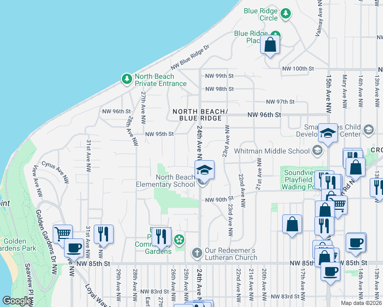map of restaurants, bars, coffee shops, grocery stores, and more near 9237 24th Avenue Northwest in Seattle