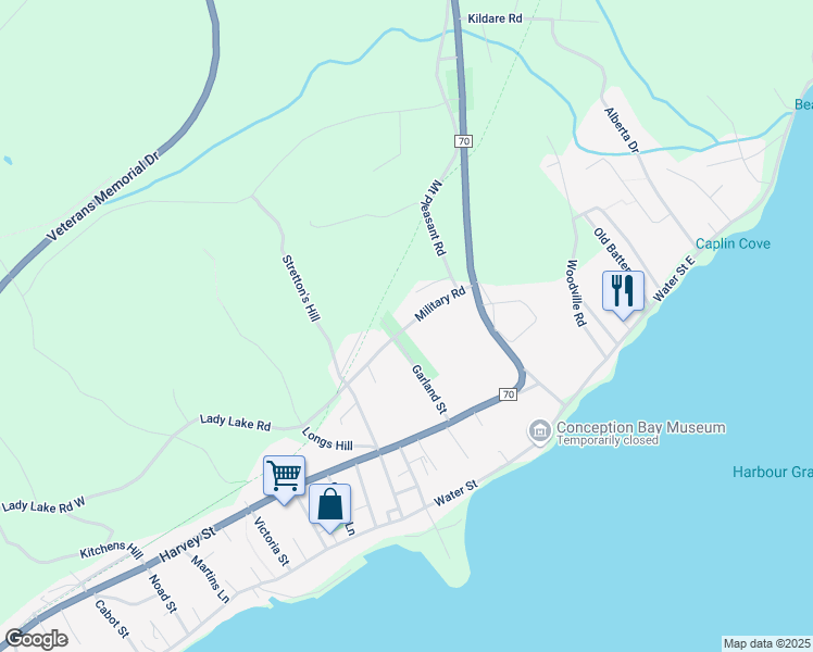 map of restaurants, bars, coffee shops, grocery stores, and more near Military Rd in Harbour Grace