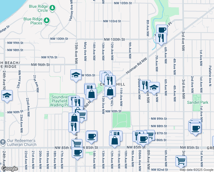 map of restaurants, bars, coffee shops, grocery stores, and more near in Seattle