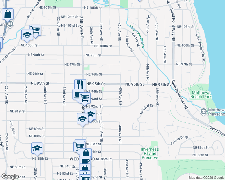 map of restaurants, bars, coffee shops, grocery stores, and more near 3830 Northeast 94th Street in Seattle