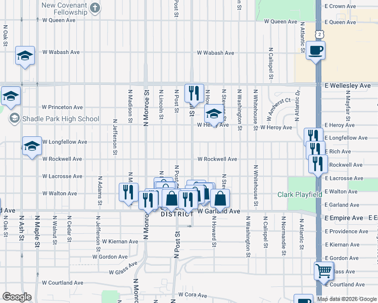 map of restaurants, bars, coffee shops, grocery stores, and more near 4218 North Wall Street in Spokane