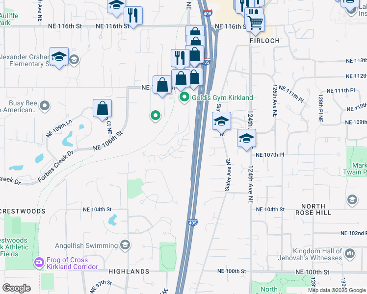 map of restaurants, bars, coffee shops, grocery stores, and more near 120th Lane Northeast in Kirkland