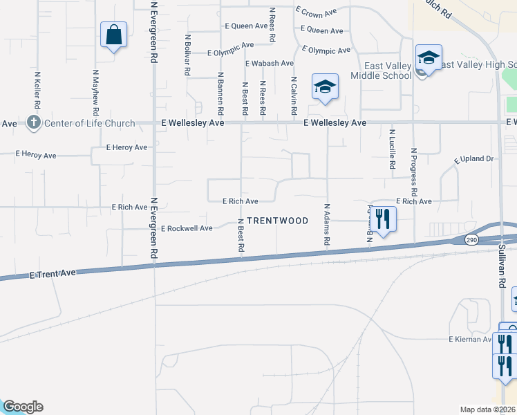 map of restaurants, bars, coffee shops, grocery stores, and more near in Spokane Valley
