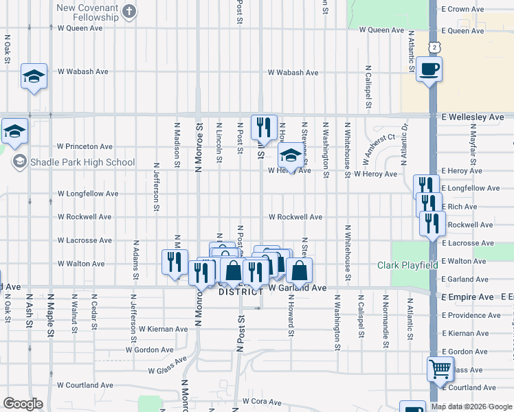 map of restaurants, bars, coffee shops, grocery stores, and more near 4218 North Wall Street in Spokane