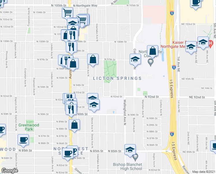 map of restaurants, bars, coffee shops, grocery stores, and more near 9236 Woodlawn Avenue North in Seattle