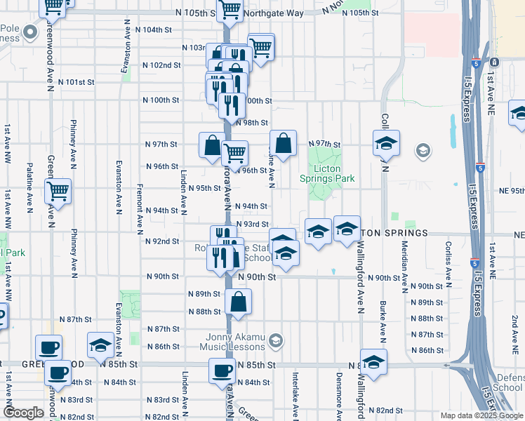 map of restaurants, bars, coffee shops, grocery stores, and more near 1137 North 94th Street in Seattle