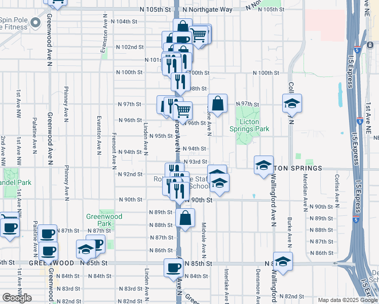 map of restaurants, bars, coffee shops, grocery stores, and more near 1137 North 94th Street in Seattle