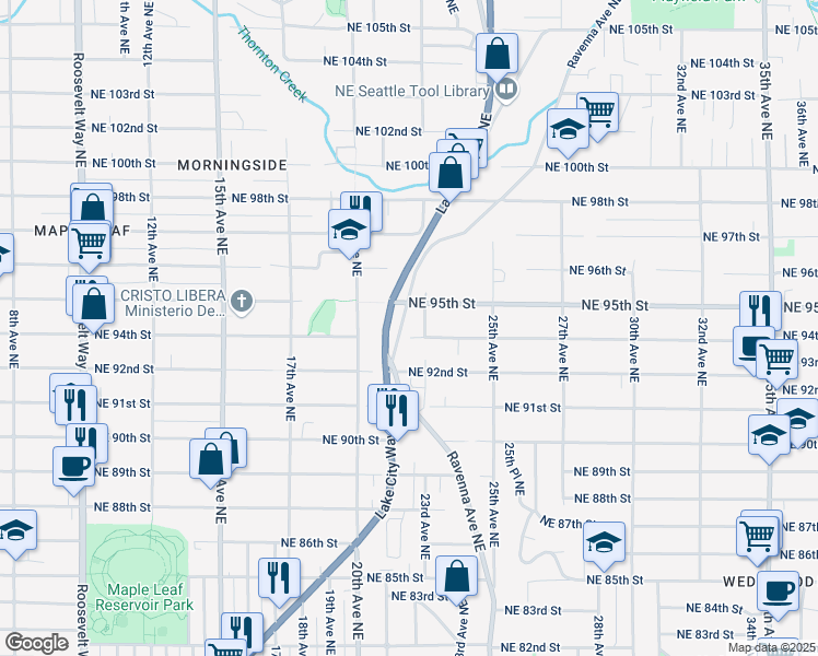 map of restaurants, bars, coffee shops, grocery stores, and more near 9406 Lake City Way Northeast in Seattle