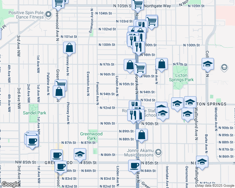 map of restaurants, bars, coffee shops, grocery stores, and more near Linden Ave N & N 94th St in Seattle