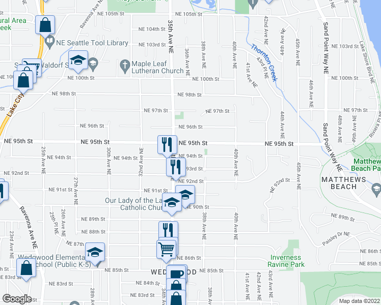 map of restaurants, bars, coffee shops, grocery stores, and more near 3530 Northeast 94th Street in Seattle