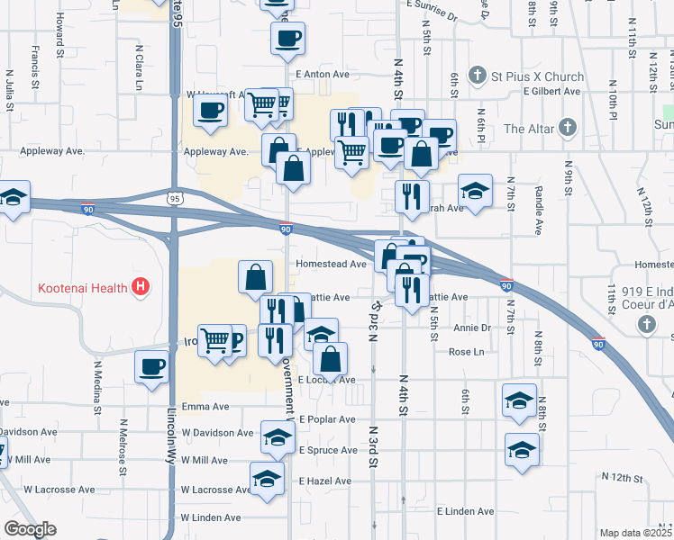 map of restaurants, bars, coffee shops, grocery stores, and more near 206 East Homestead Avenue in Coeur d'Alene