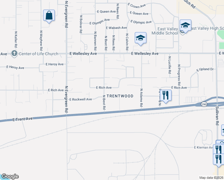 map of restaurants, bars, coffee shops, grocery stores, and more near in Spokane Valley