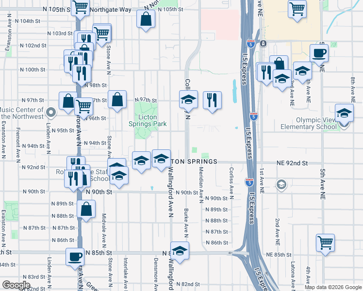 map of restaurants, bars, coffee shops, grocery stores, and more near 9233 College Way North in Seattle