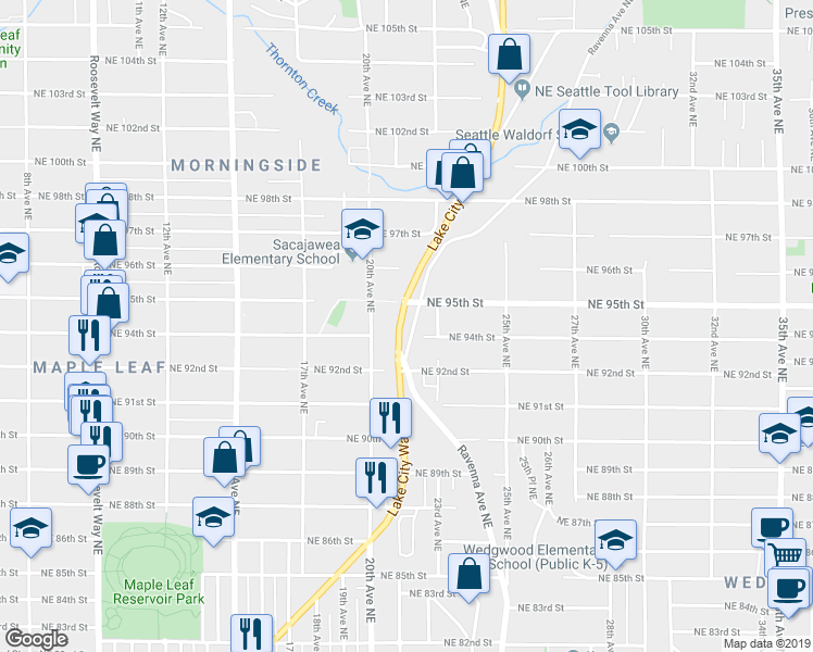 map of restaurants, bars, coffee shops, grocery stores, and more near 9406 Lake City Way Northeast in Seattle