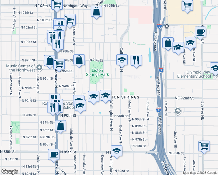 map of restaurants, bars, coffee shops, grocery stores, and more near 9233 Wallingford Avenue North in Seattle
