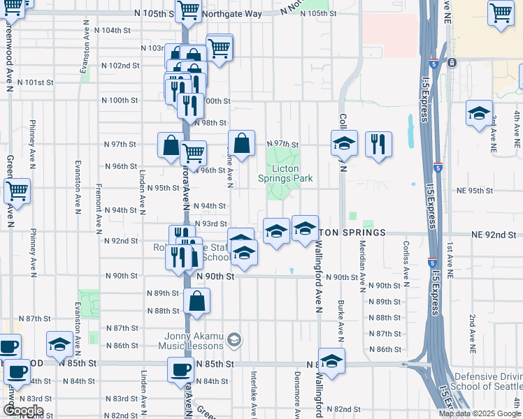 map of restaurants, bars, coffee shops, grocery stores, and more near 9231 Ashworth Avenue North in Seattle
