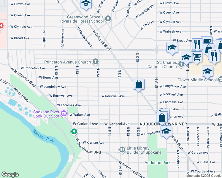 map of restaurants, bars, coffee shops, grocery stores, and more near 3327 West Longfellow Avenue in Spokane