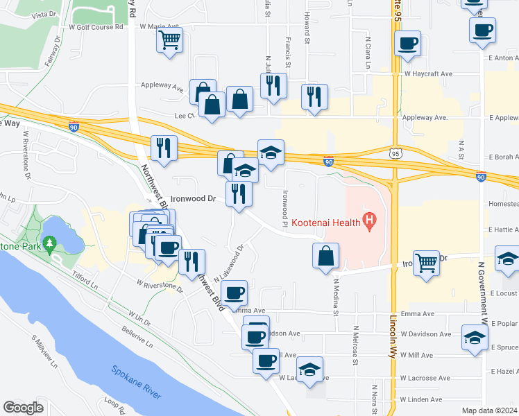 map of restaurants, bars, coffee shops, grocery stores, and more near 1103 West Ironwood Drive in Coeur d'Alene