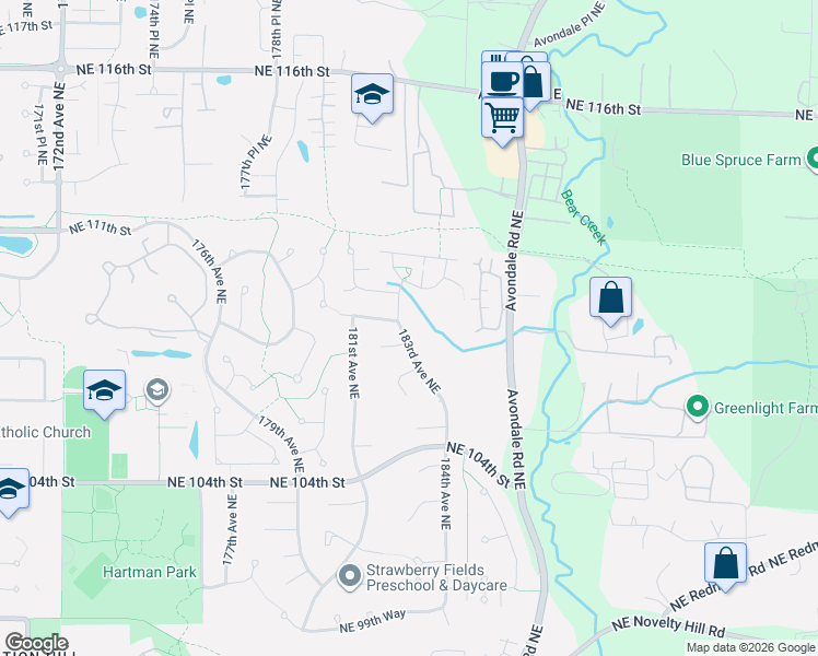 map of restaurants, bars, coffee shops, grocery stores, and more near 10816 183rd Avenue Northeast in Redmond