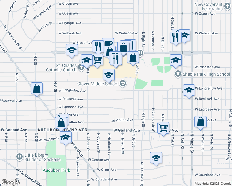 map of restaurants, bars, coffee shops, grocery stores, and more near 2319 West Longfellow Avenue in Spokane