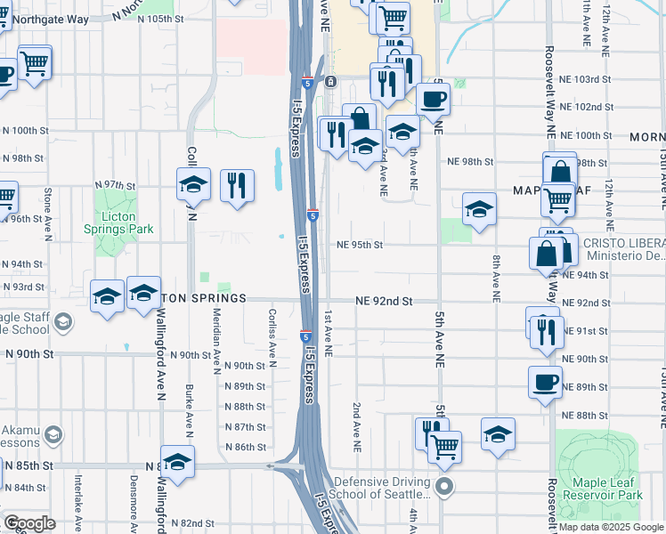 map of restaurants, bars, coffee shops, grocery stores, and more near 104 Northeast 94th Street in Seattle
