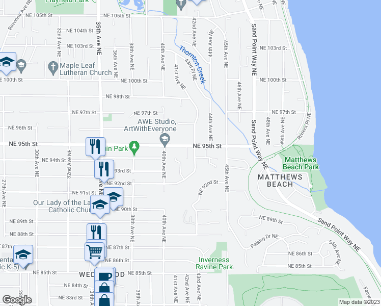 map of restaurants, bars, coffee shops, grocery stores, and more near 9409 42nd Avenue Northeast in Seattle