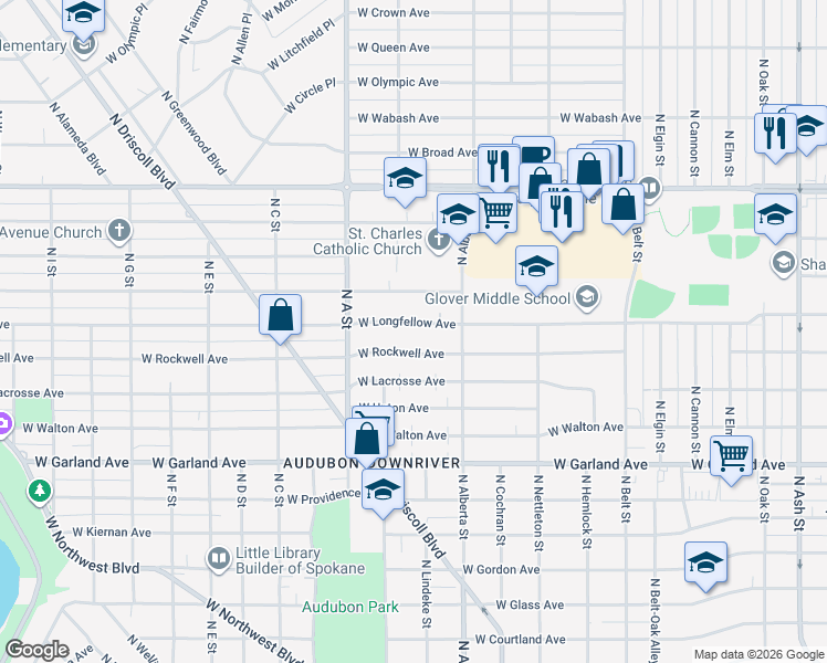 map of restaurants, bars, coffee shops, grocery stores, and more near 2709 West Longfellow Avenue in Spokane