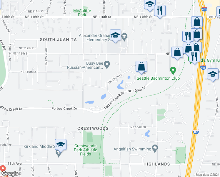 map of restaurants, bars, coffee shops, grocery stores, and more near 10818 111th Court Northeast in Kirkland