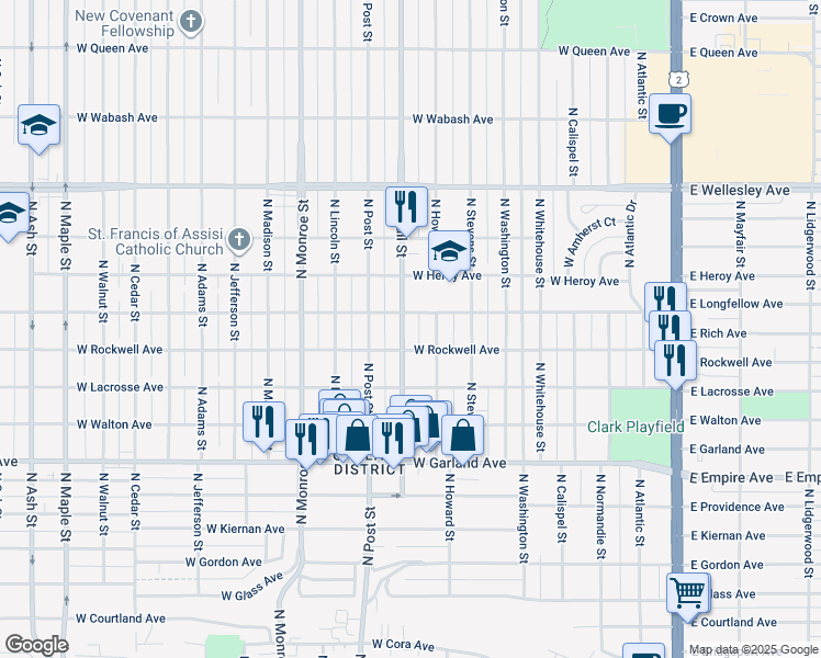 map of restaurants, bars, coffee shops, grocery stores, and more near 4218 North Wall Street in Spokane